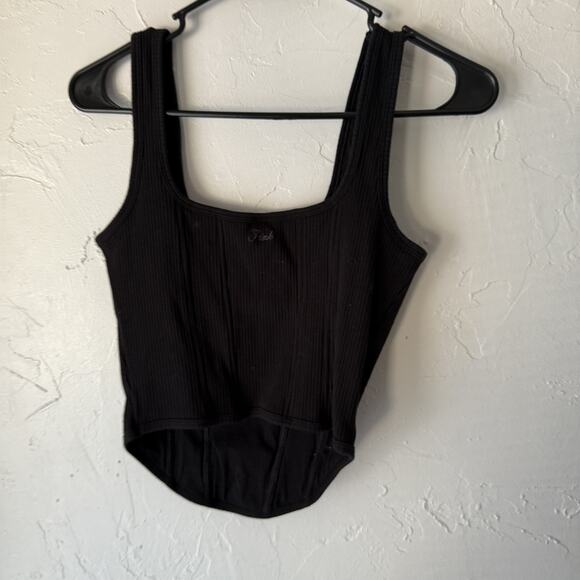 PINK Victorias Secret Tank Top Set Of 2 Large Black Green Ribbed Fitted Y2k Cute - Picture 7 of 10